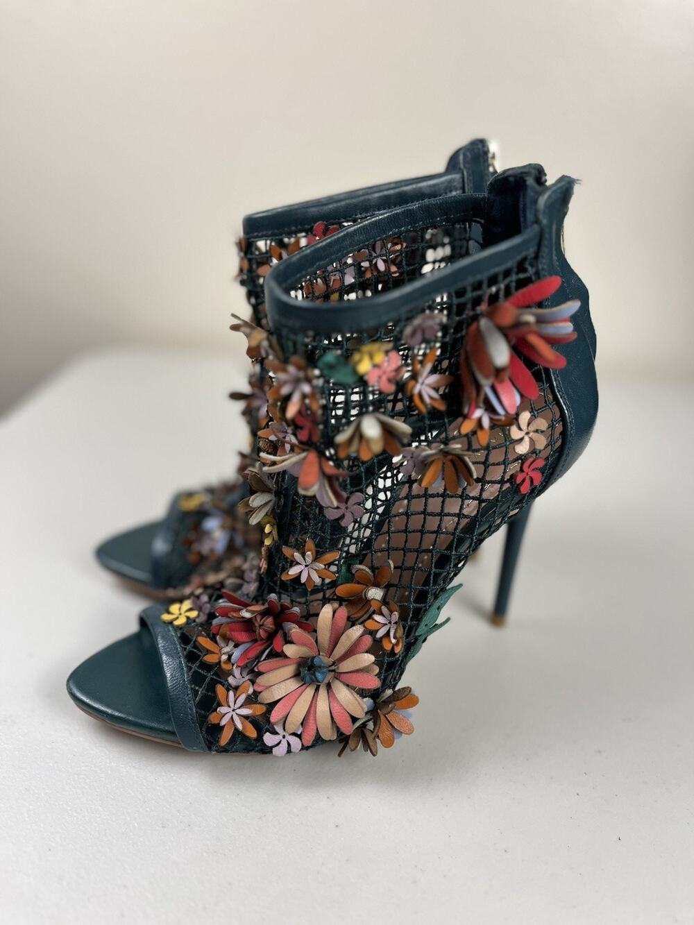 Zara Woman Teal Mesh 3D Floral Appliqué Stiletto Ankle Boots Size 36